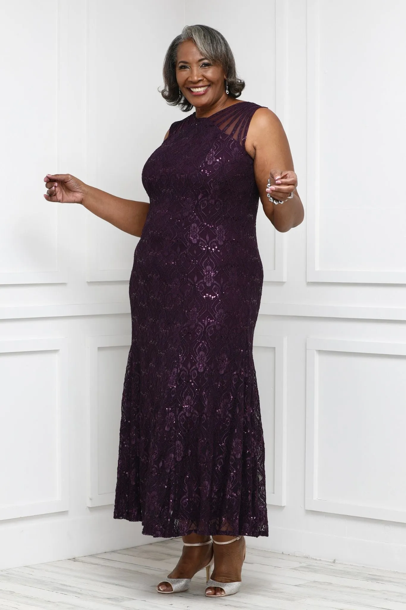 Plus Size Sequined Lace Gown with Sheer Inserts