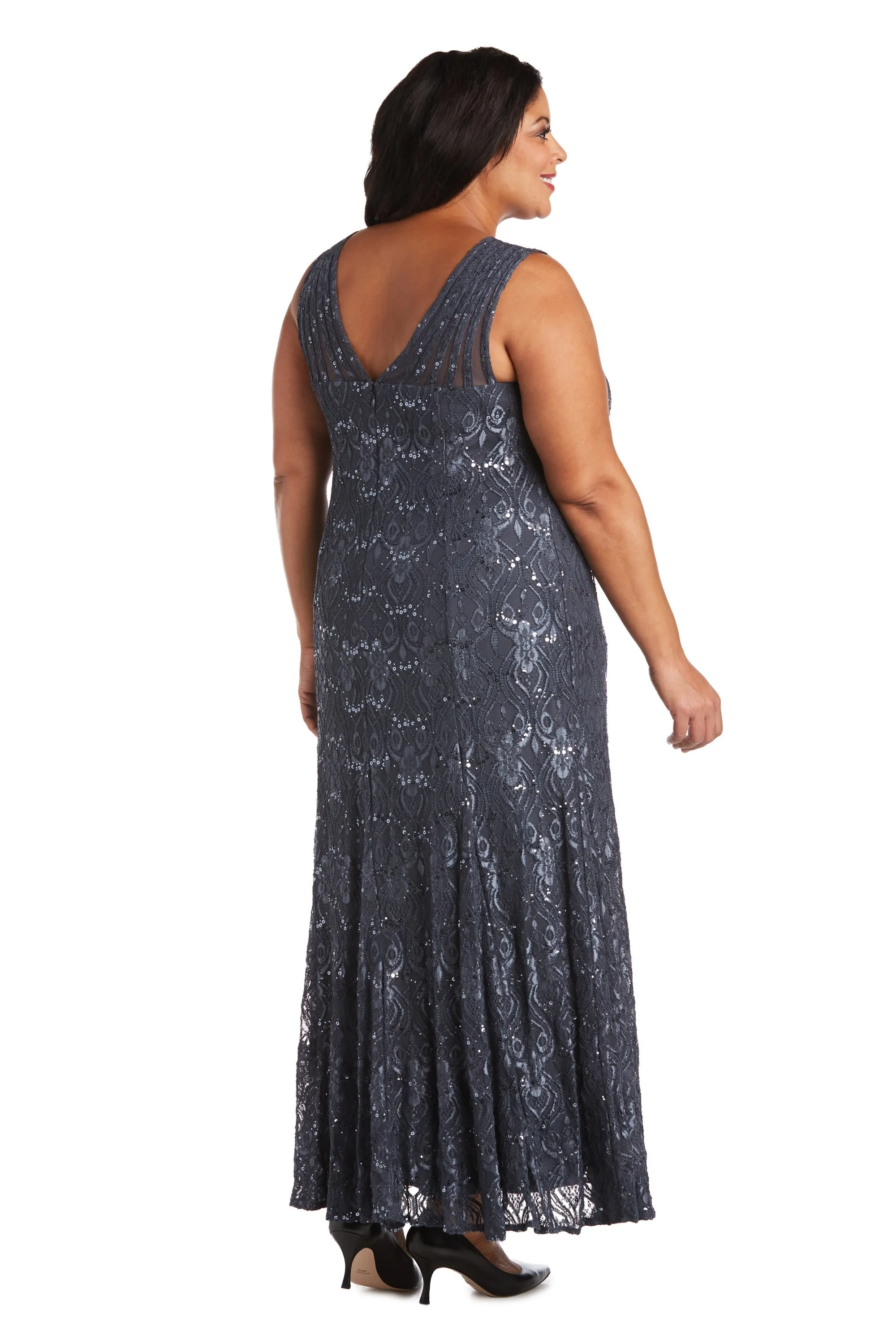 Plus Size Sequined Lace Gown with Sheer Inserts