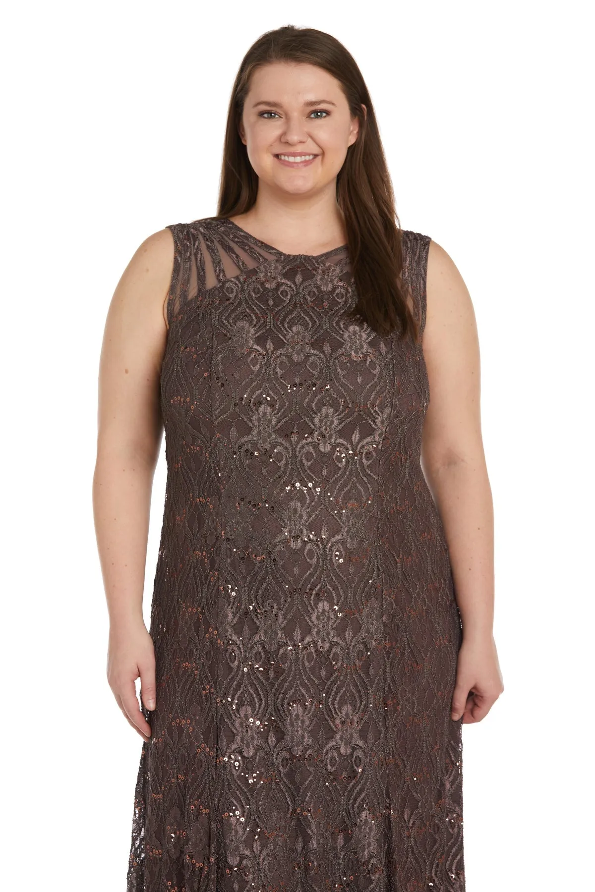 Plus Size Sequined Lace Gown with Sheer Inserts