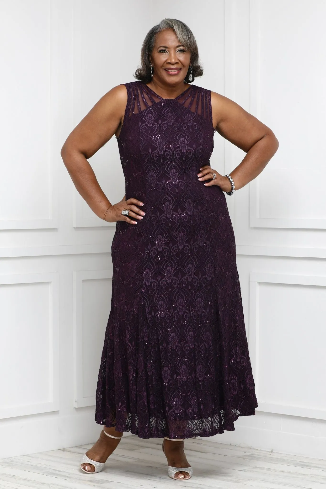 Plus Size Sequined Lace Gown with Sheer Inserts