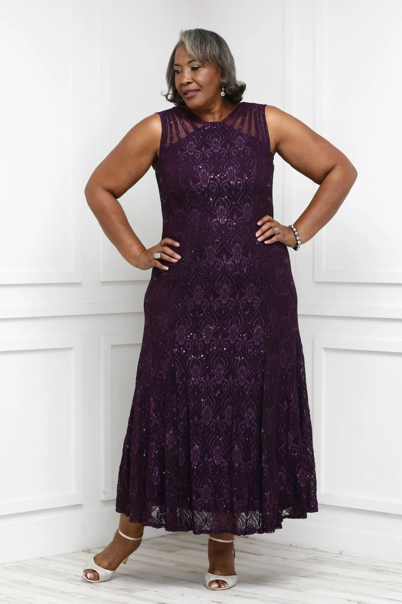 Plus Size Sequined Lace Gown with Sheer Inserts