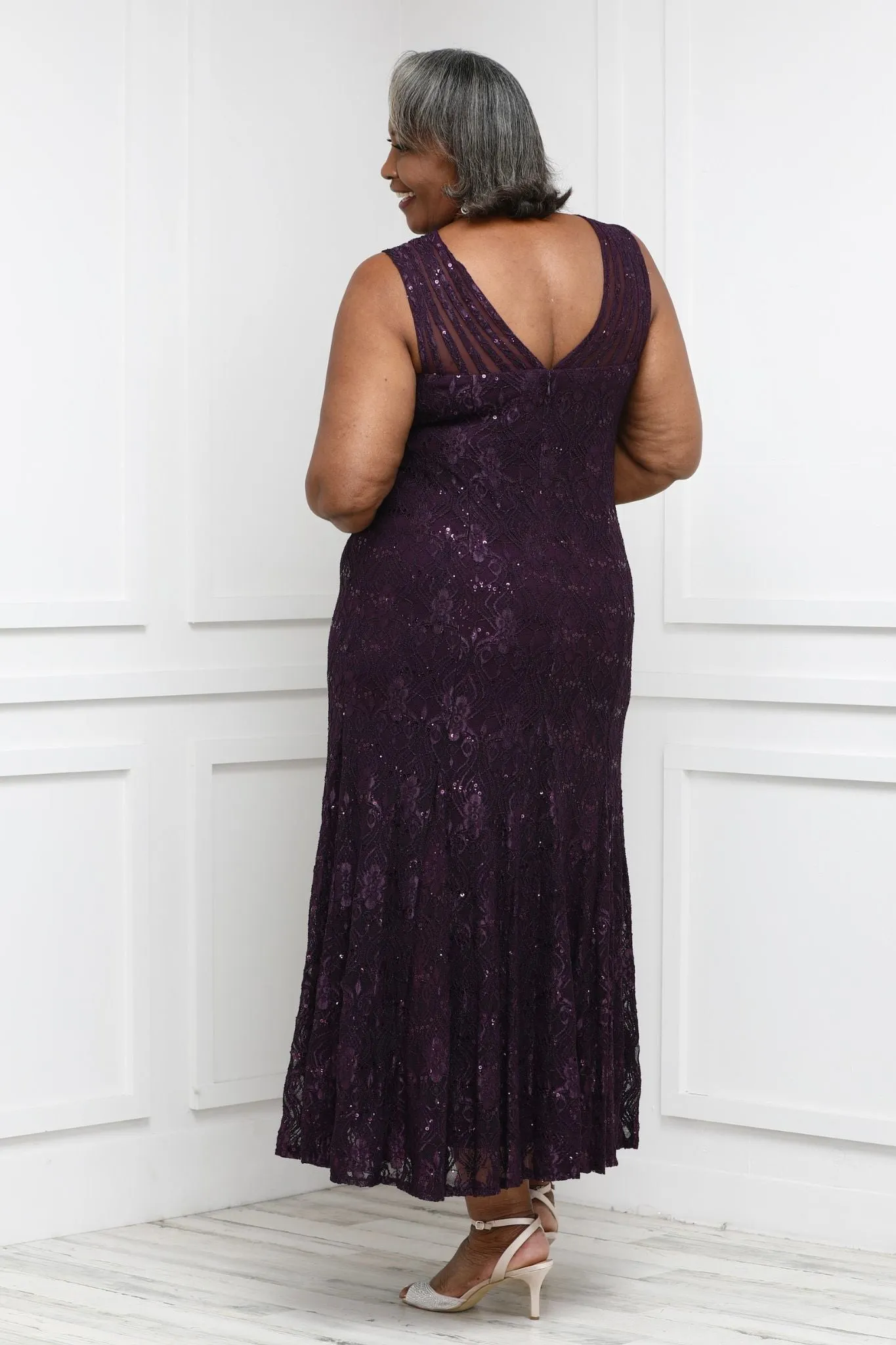 Plus Size Sequined Lace Gown with Sheer Inserts