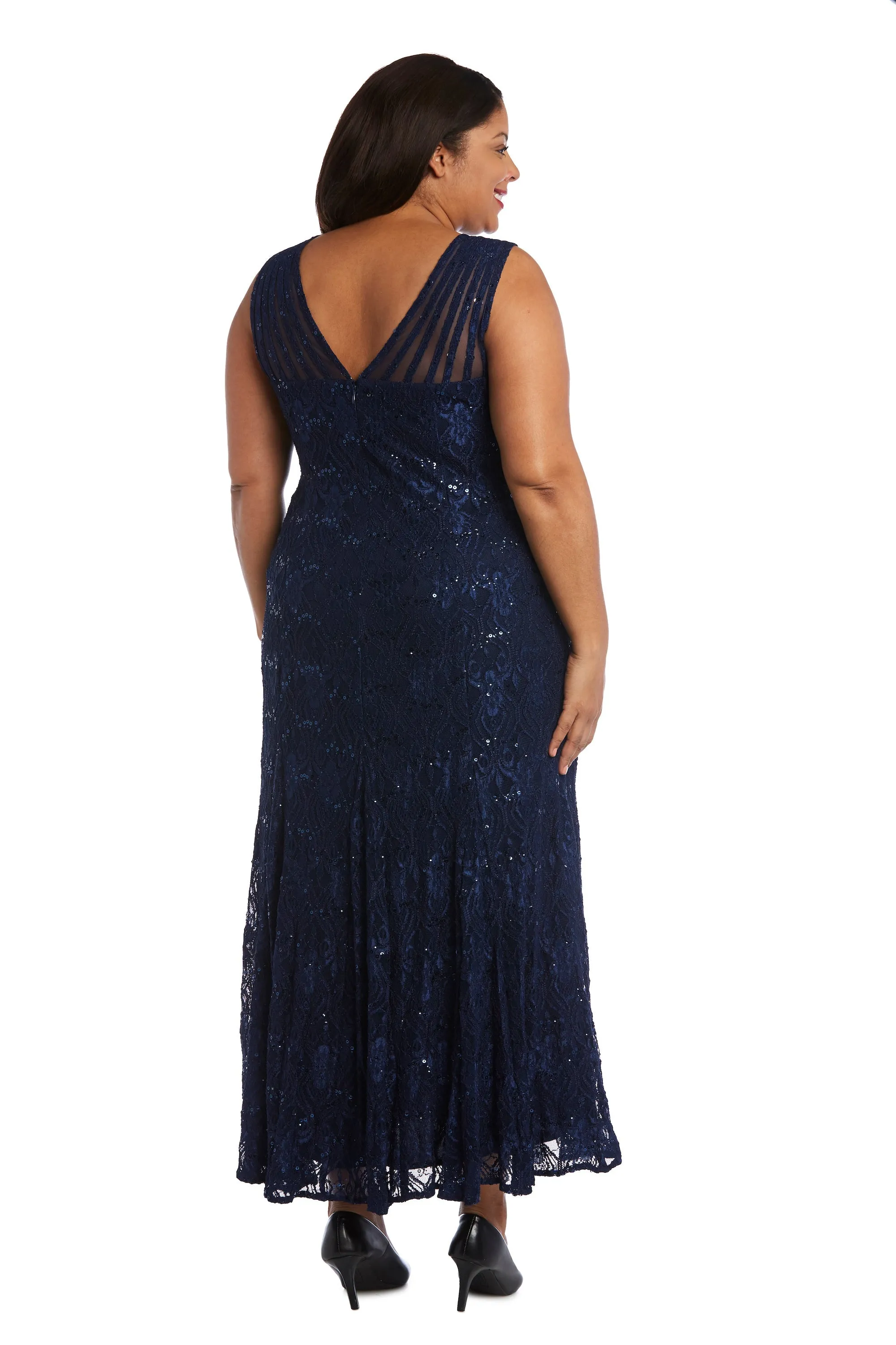 Plus Size Sequined Lace Gown with Sheer Inserts