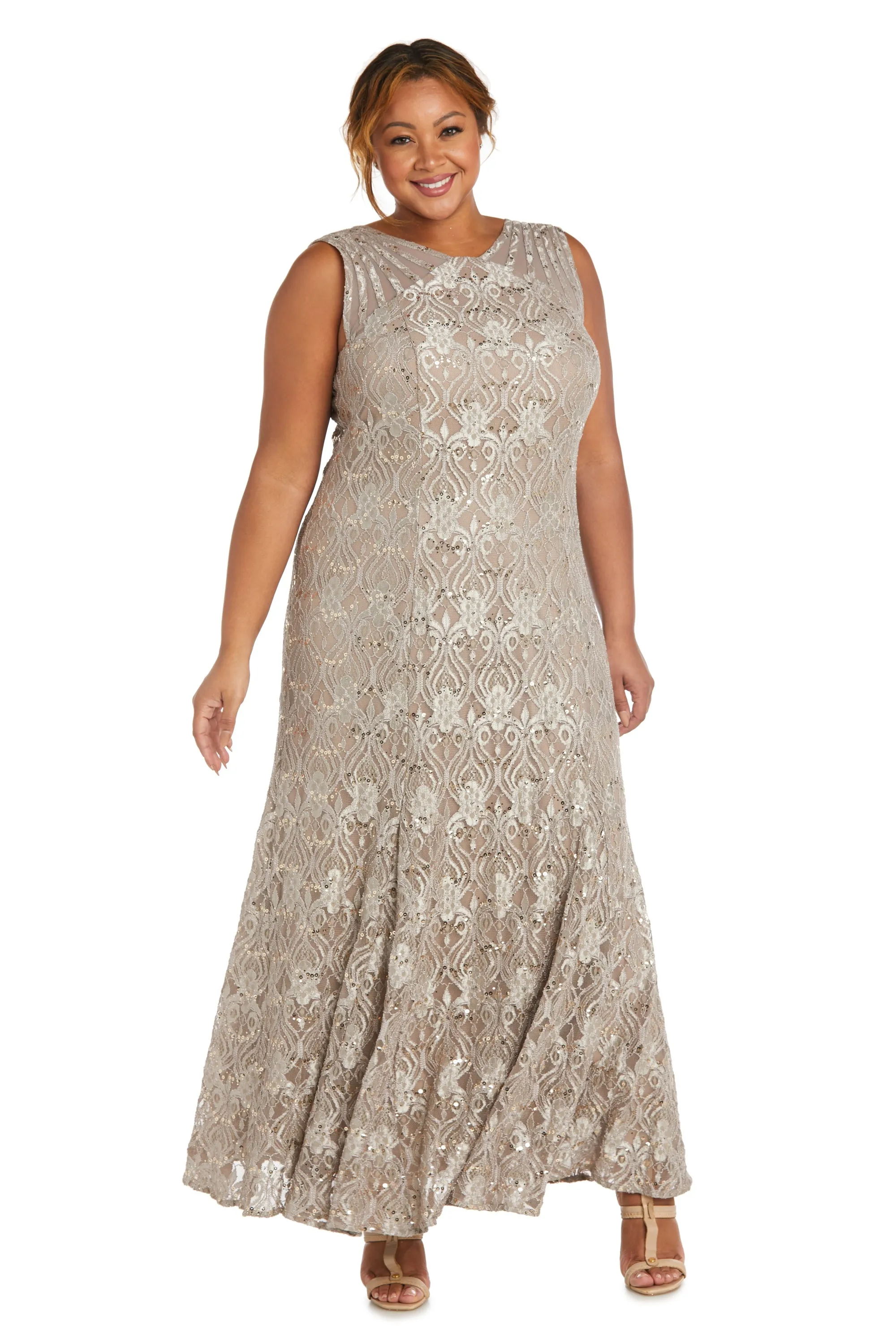 Plus Size Sequined Lace Gown with Sheer Inserts