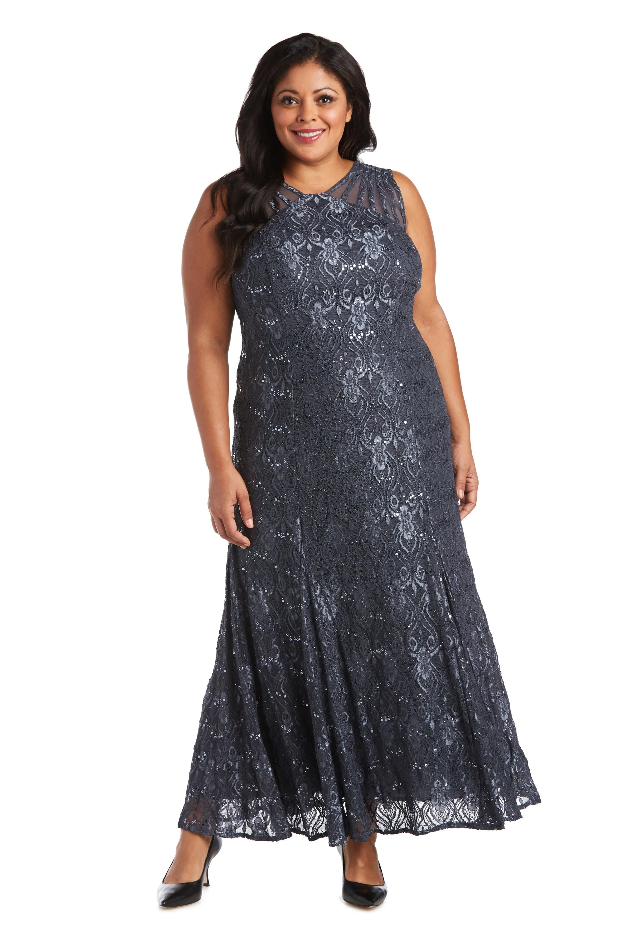 Plus Size Sequined Lace Gown with Sheer Inserts