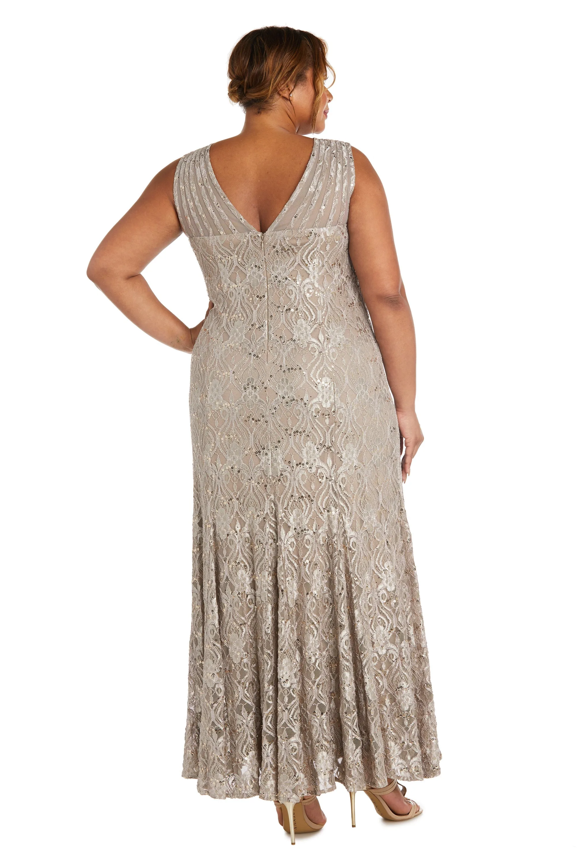 Plus Size Sequined Lace Gown with Sheer Inserts