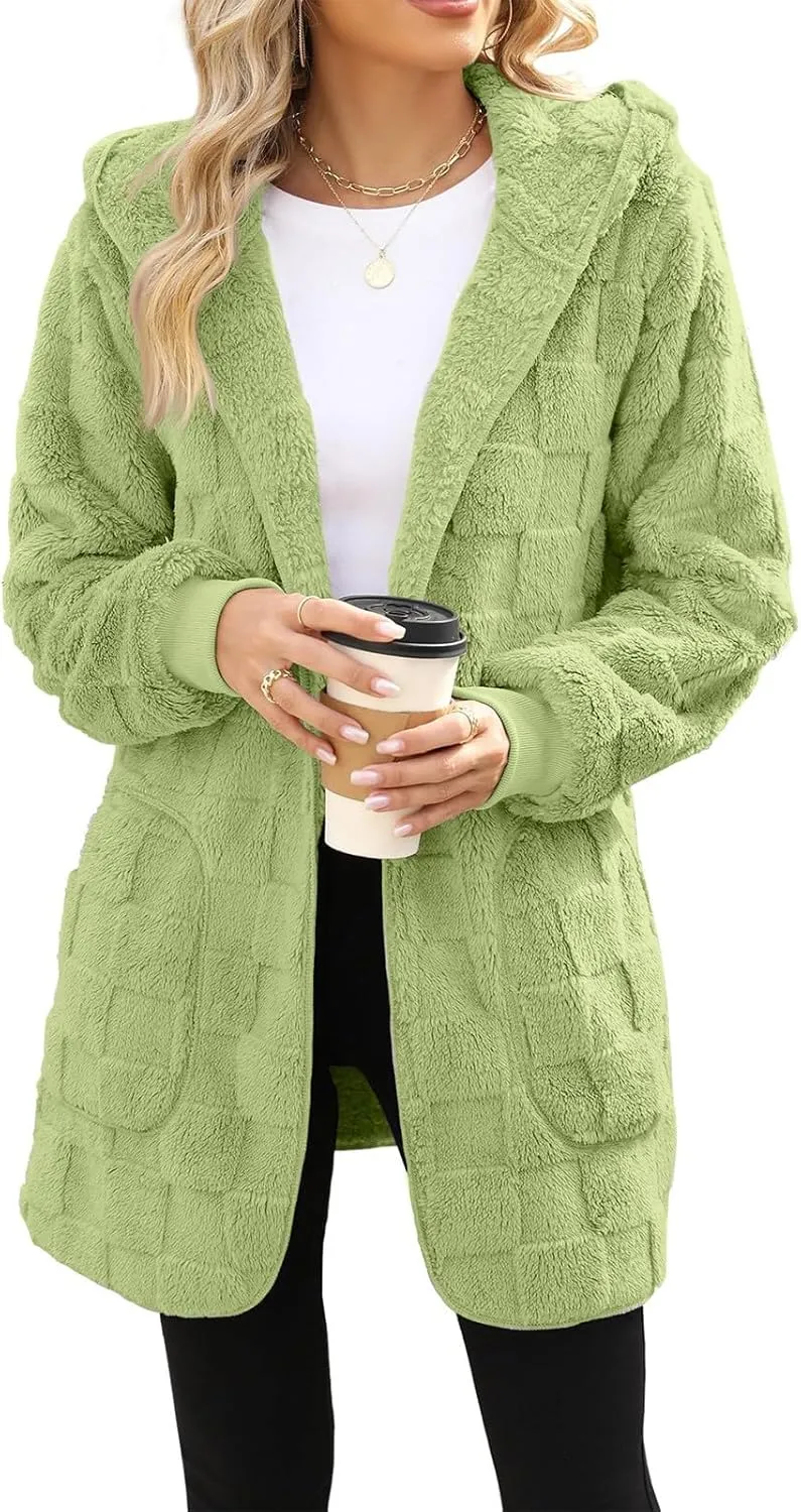 Sherpa Jacket Women Fuzzy Open Front Fleece Lined Jackets Soft Warm Hooded Cardigan Sweater Winter Coat with Pockets
