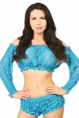 Teal Sheer Lace Long Sleeve Peasant Top