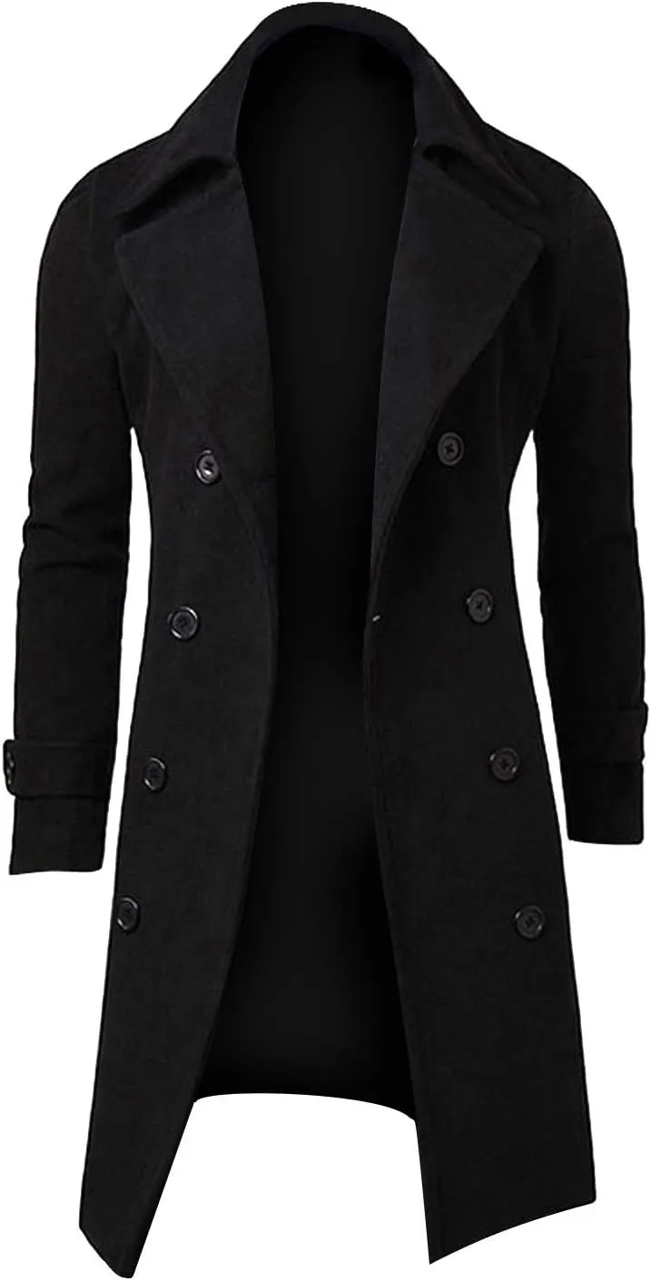 Trench Coats for Men,Slim Wool Blend Overcoat Lapel Double Breasted Full Length Windbreaker Business Long Pea Coat