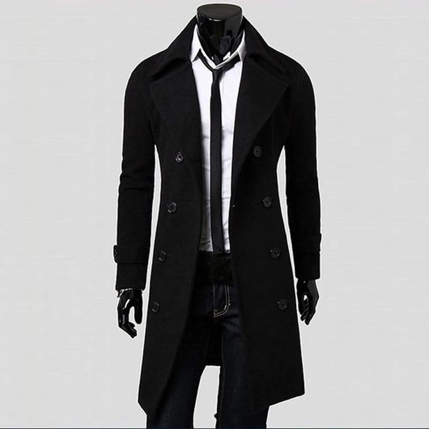Trench Coats for Men,Slim Wool Blend Overcoat Lapel Double Breasted Full Length Windbreaker Business Long Pea Coat