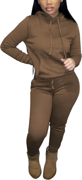 Two Piece Outfits For Women Casual Long Sleeve Hoodie Sweatshirts Jogger Sweatpants Tracksuit Sweatsuit Lounge Sets-Coffee-XXL