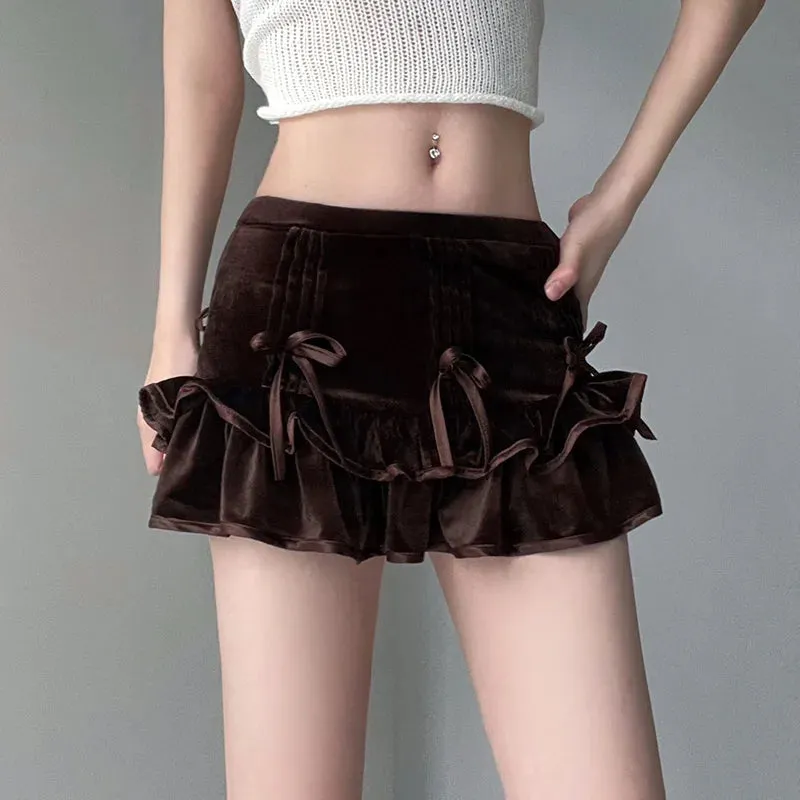 Vintage Brown Velour Party Skirt Ruffles Fold Fashion Bodycon Bow Autumn Mini Skirt Female Cutecore Coquette Bottoms