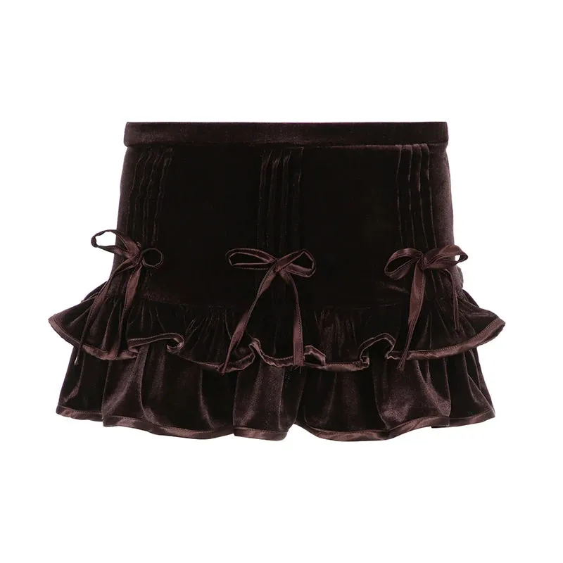 Vintage Brown Velour Party Skirt Ruffles Fold Fashion Bodycon Bow Autumn Mini Skirt Female Cutecore Coquette Bottoms