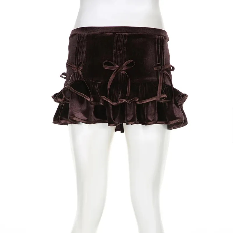 Vintage Brown Velour Party Skirt Ruffles Fold Fashion Bodycon Bow Autumn Mini Skirt Female Cutecore Coquette Bottoms
