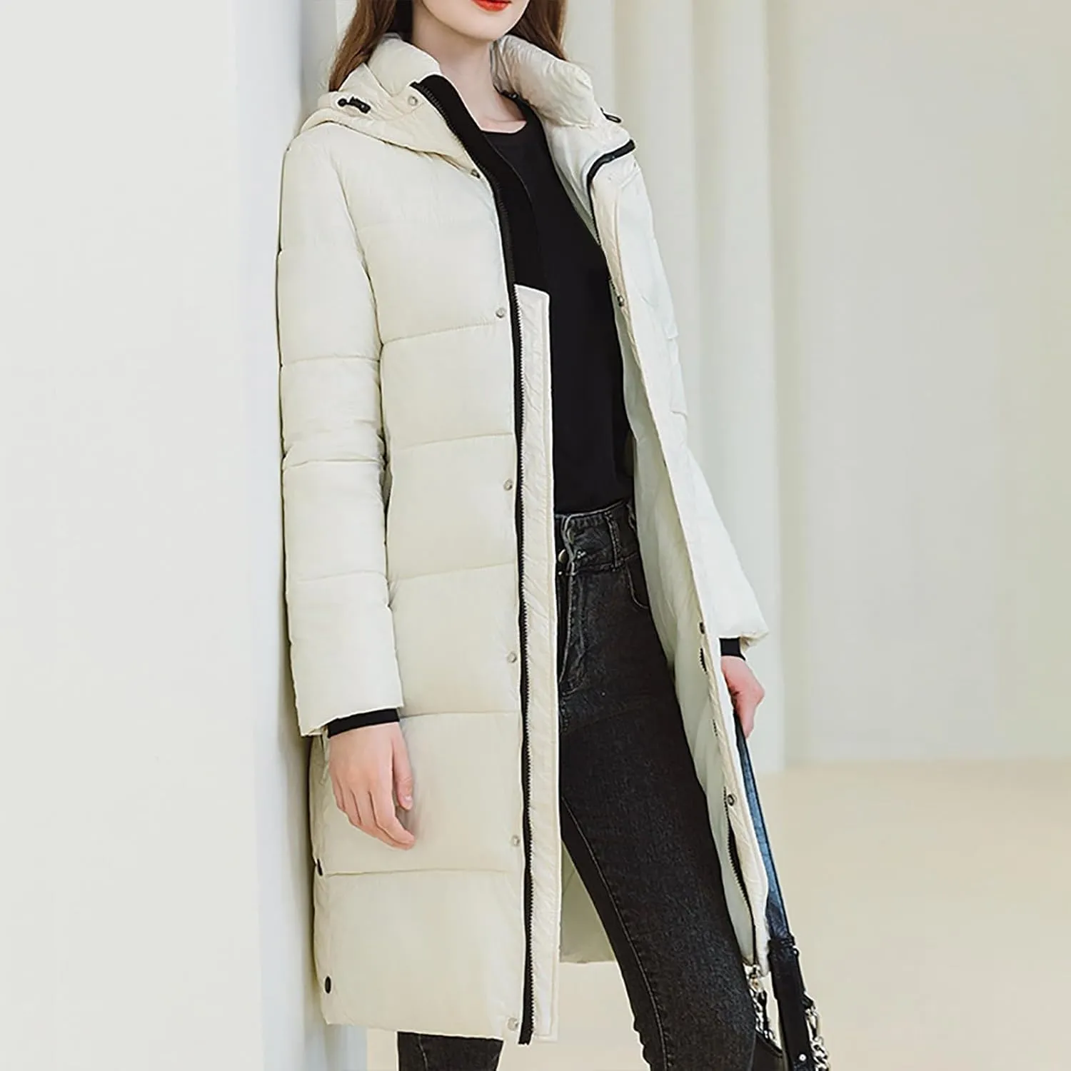Women Long Puffer Jackets Winter Warm Quilted Hooded Coat Maxi Down Padded Coat Trendy Thicken Outerwear Overcoats