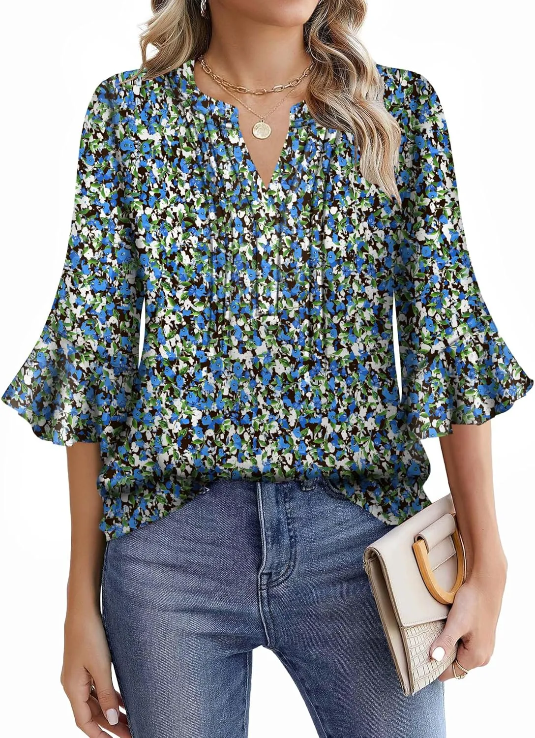 Womens 3/4 Sleeve Tops Shirts for Women Spring Fashion Clothes Trendy Summer Blouses S-XXL