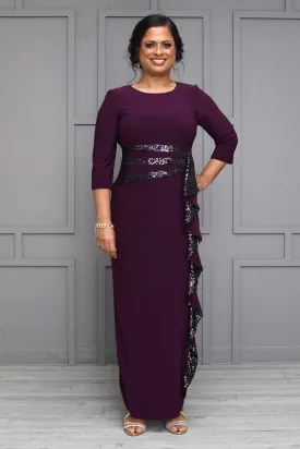 Women's Elbow Sleeve Sequin Embellished Cascade Evening Gown - Mother of the Bride Gown