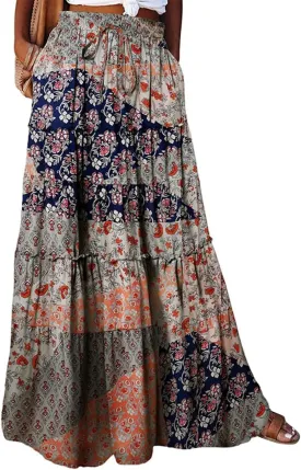 Women's Floral Print Midi Skirts 2025 Summer Aline Elastic High Waist Pleated Flowy Long Skirt Pockets Cute Skirts