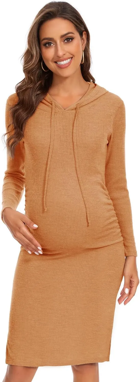 Women's Knit Split Maternity Dress Long Sleeve Ruched Pregnancy Clothes Hoodie Dress