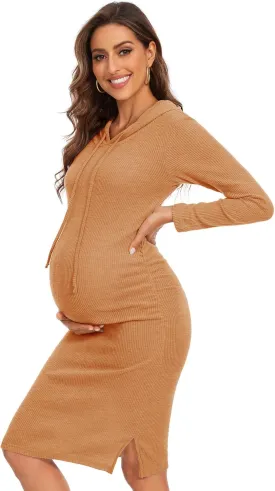 Women's Knit Split Maternity Dress Long Sleeve Ruched Pregnancy Clothes Hoodie Dress