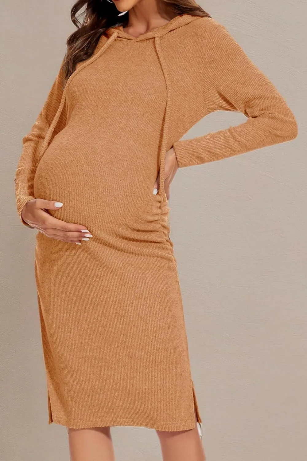 Women's Knit Split Maternity Dress Long Sleeve Ruched Pregnancy Clothes Hoodie Dress