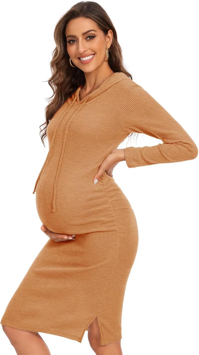 Women's Knit Split Maternity Dress Long Sleeve Ruched Pregnancy Clothes Hoodie Dress