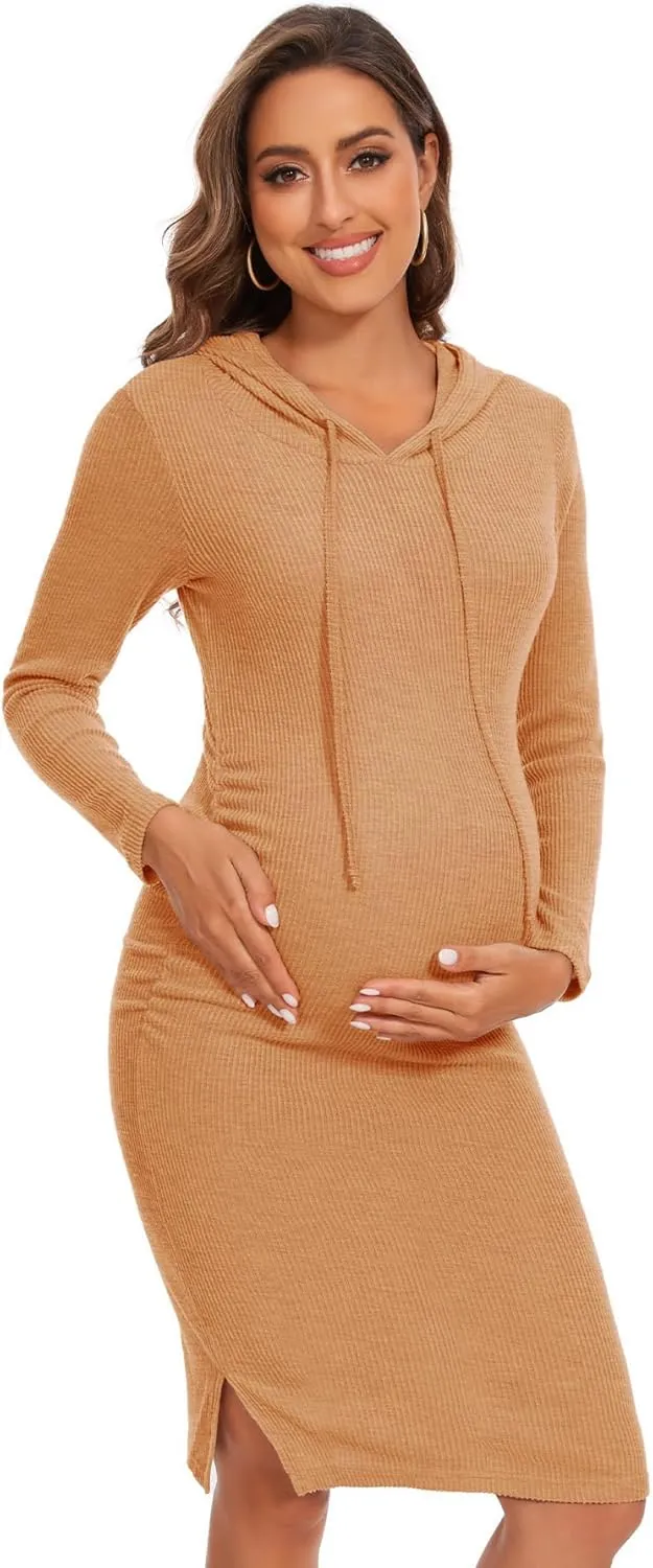 Women's Knit Split Maternity Dress Long Sleeve Ruched Pregnancy Clothes Hoodie Dress