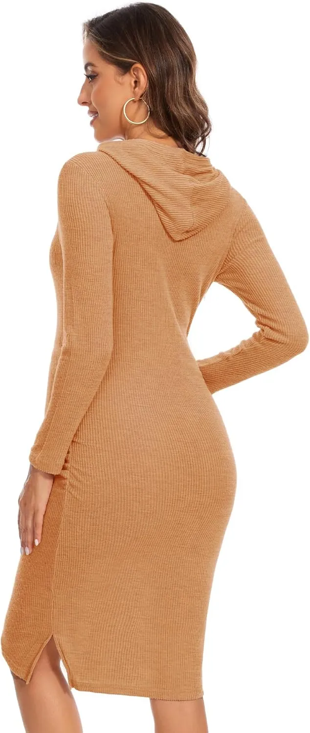 Women's Knit Split Maternity Dress Long Sleeve Ruched Pregnancy Clothes Hoodie Dress