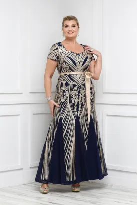 Women's Short Sleeve Sequin Panel Godet  Evening Gown