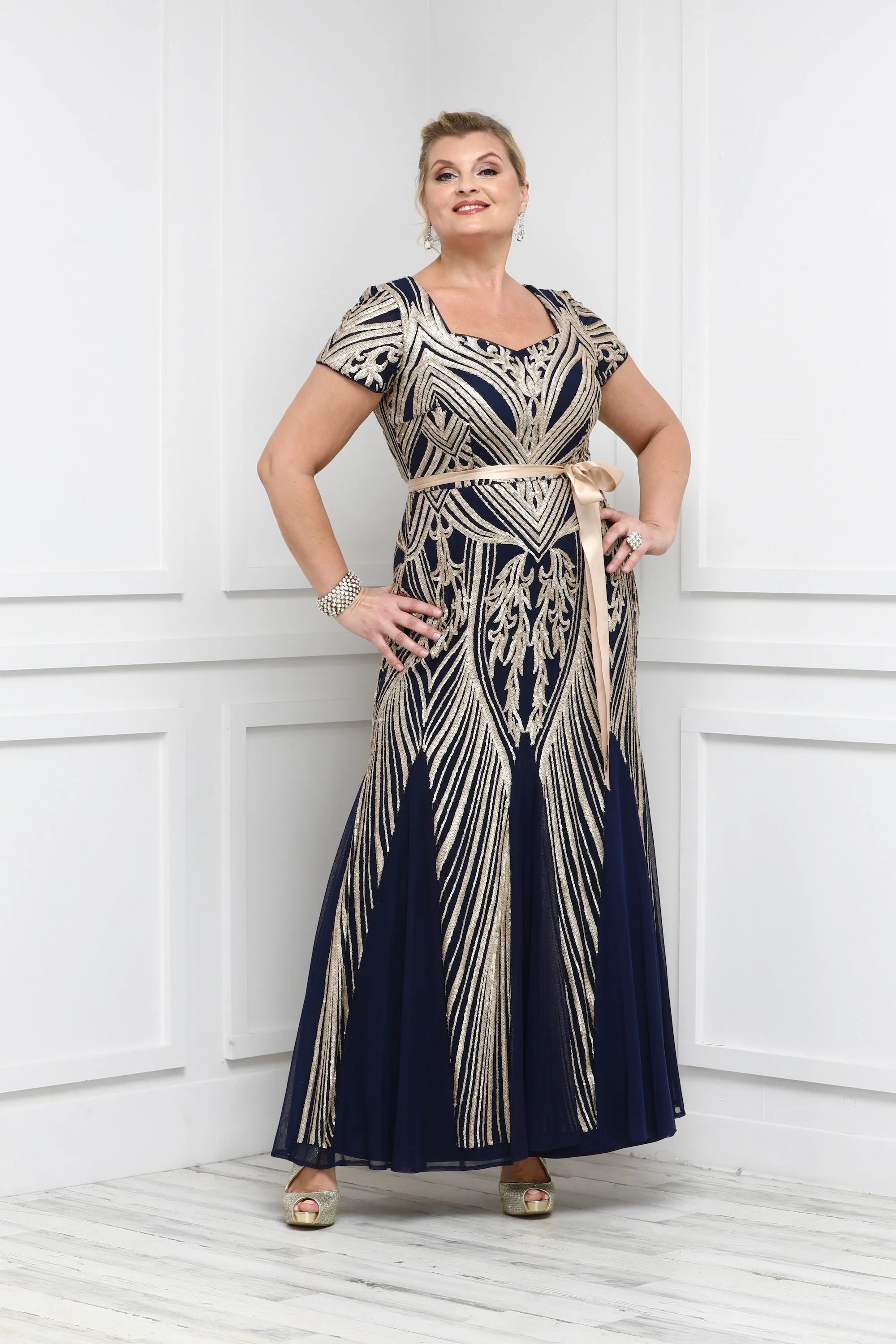 Women's Short Sleeve Sequin Panel Godet  Evening Gown