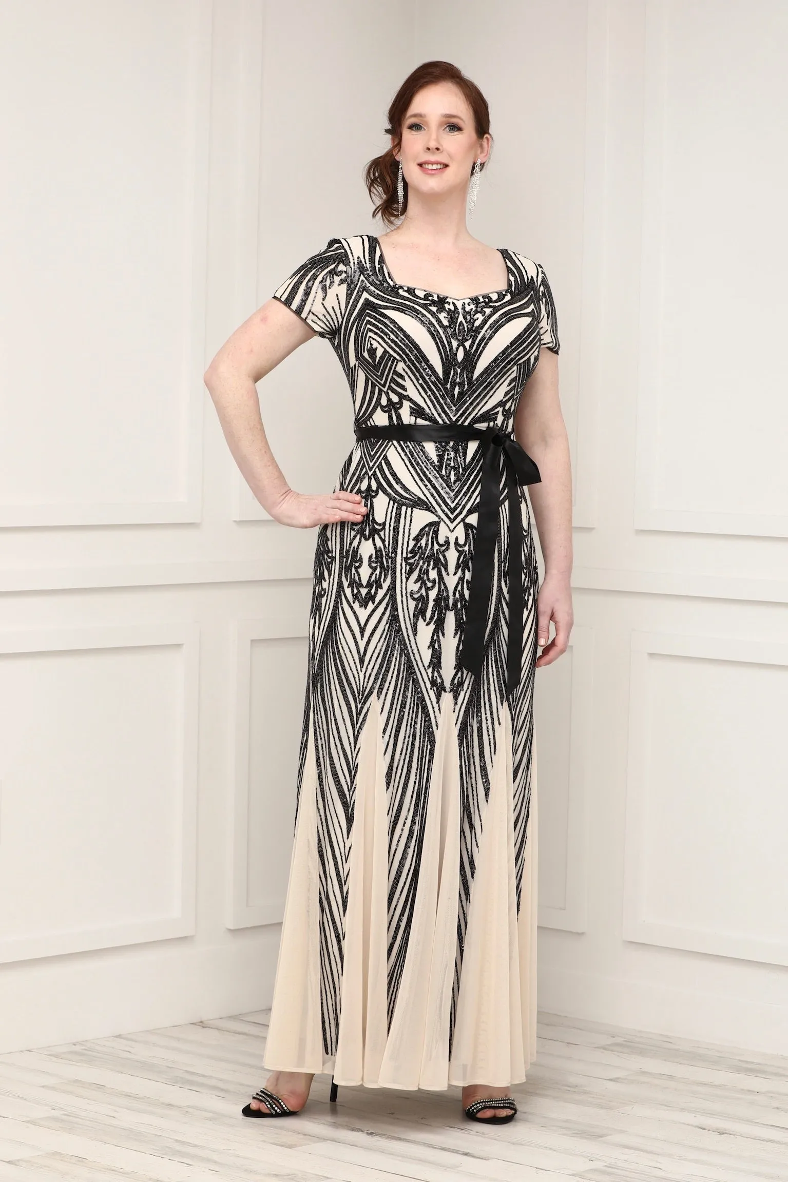 Women's Short Sleeve Sequin Panel Godet  Evening Gown