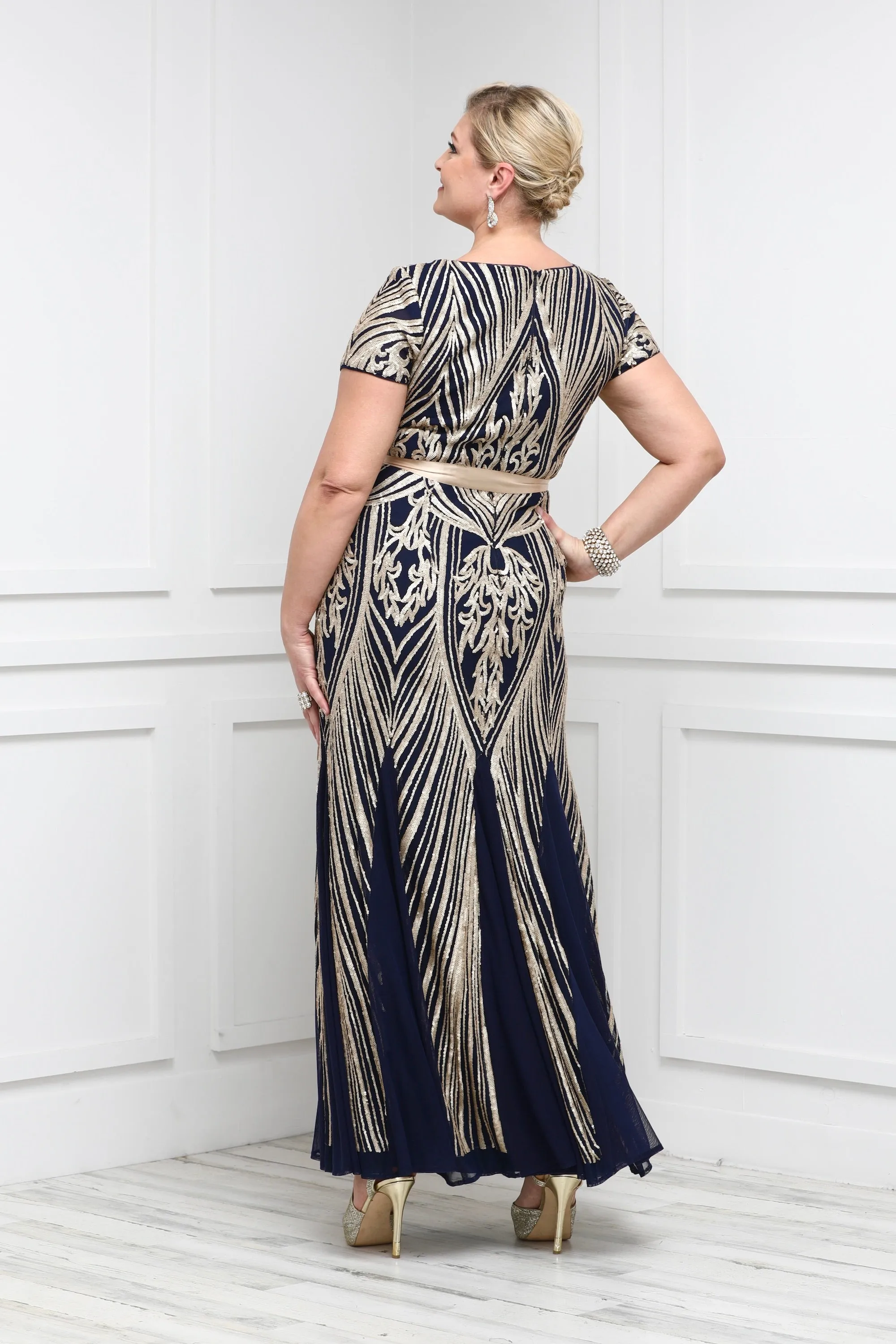 Women's Short Sleeve Sequin Panel Godet  Evening Gown