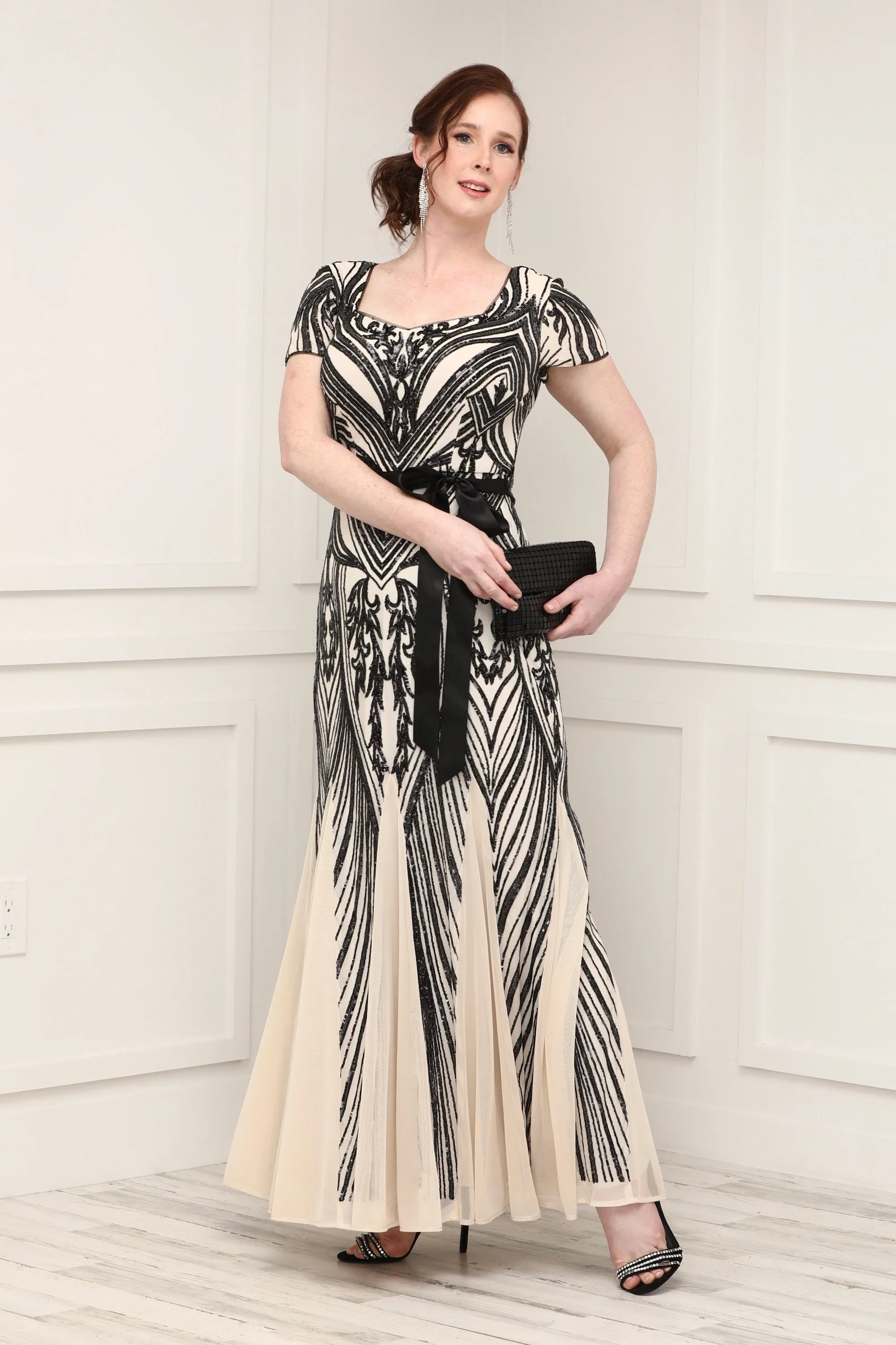 Women's Short Sleeve Sequin Panel Godet  Evening Gown