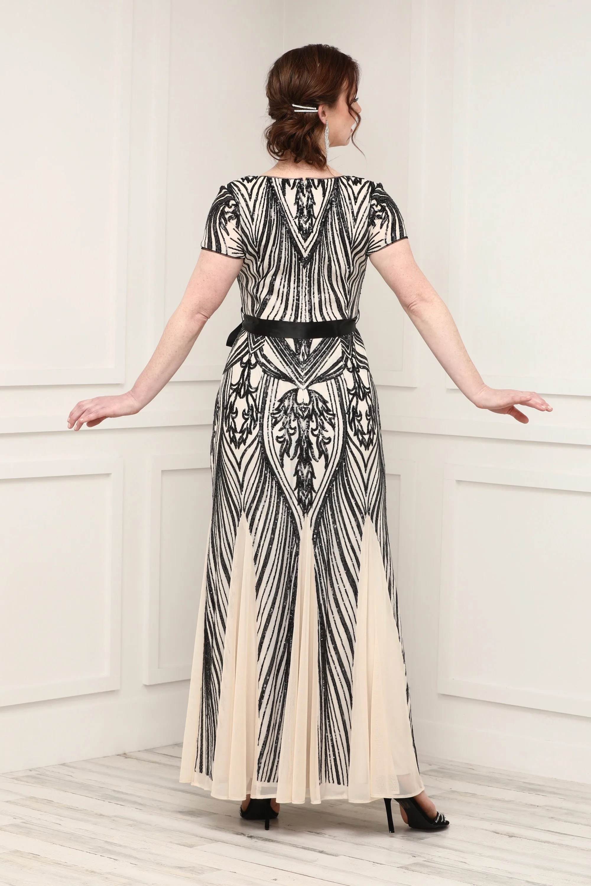 Women's Short Sleeve Sequin Panel Godet  Evening Gown