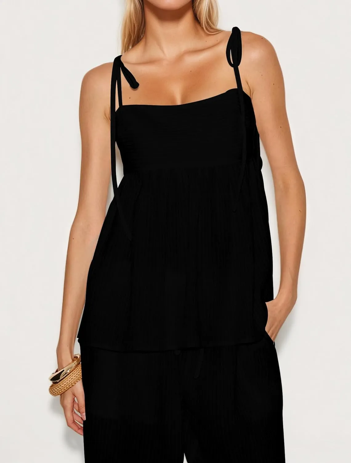 Women's Striped Two Piece Set Summer Outfits Vacation Spaghetti Strap Camisole Smocked Ruched Tank Top Wide Leg Pants