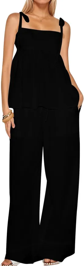 Women's Striped Two Piece Set Summer Outfits Vacation Spaghetti Strap Camisole Smocked Ruched Tank Top Wide Leg Pants