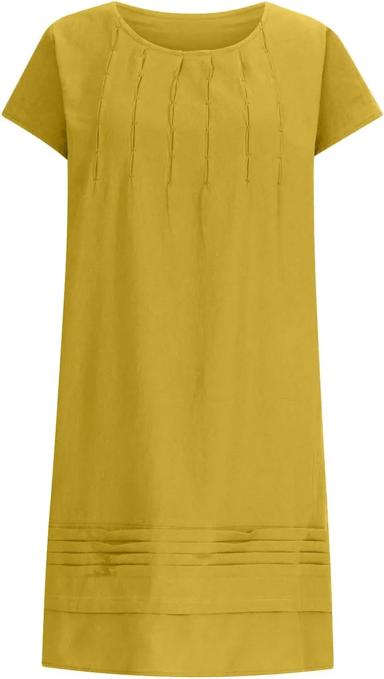 Women's Summer Cotton Linen Dress Short Sleeve Pleated Front Tshirt Dresses Flowy Boho Sundresses Beach Wear