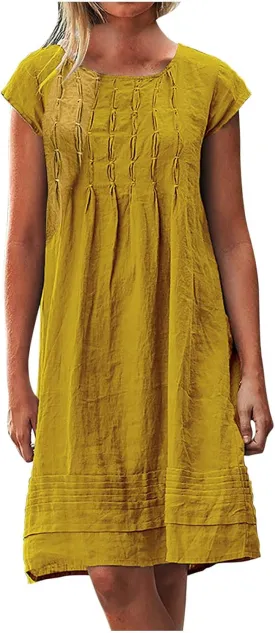Women's Summer Cotton Linen Dress Short Sleeve Pleated Front Tshirt Dresses Flowy Boho Sundresses Beach Wear