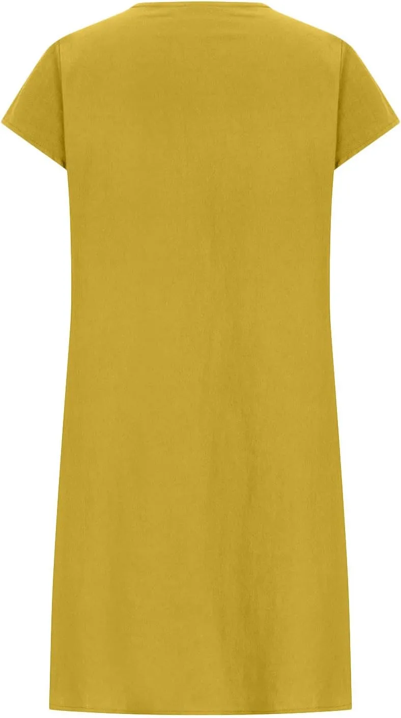 Women's Summer Cotton Linen Dress Short Sleeve Pleated Front Tshirt Dresses Flowy Boho Sundresses Beach Wear