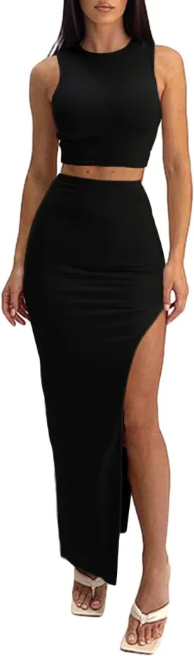 Women's Summer Two Piece Dress Set, Long Skirt with Crop Tank Top