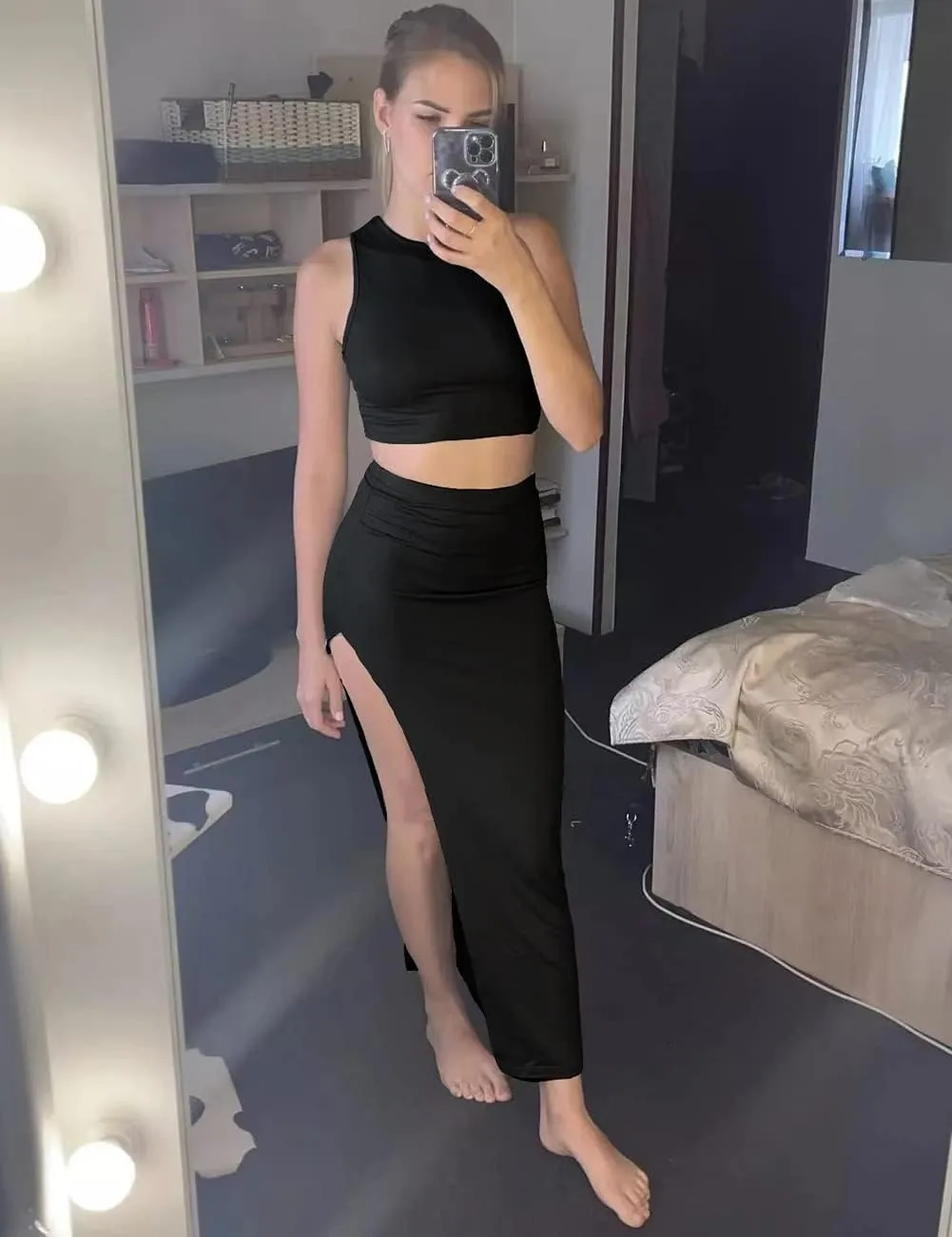 Women's Summer Two Piece Dress Set, Long Skirt with Crop Tank Top