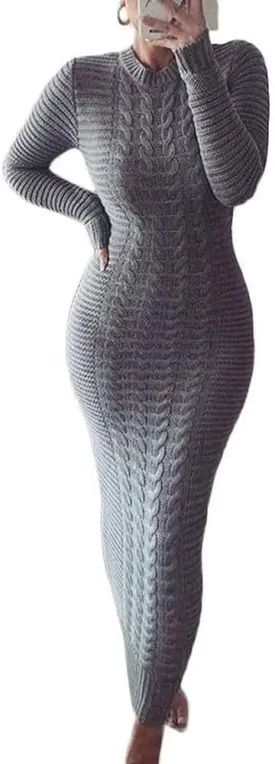 Women's Winter Warm Cable Knit Crewneck Long Sleeve Bodycon Maxi Fall Sweater Dresses