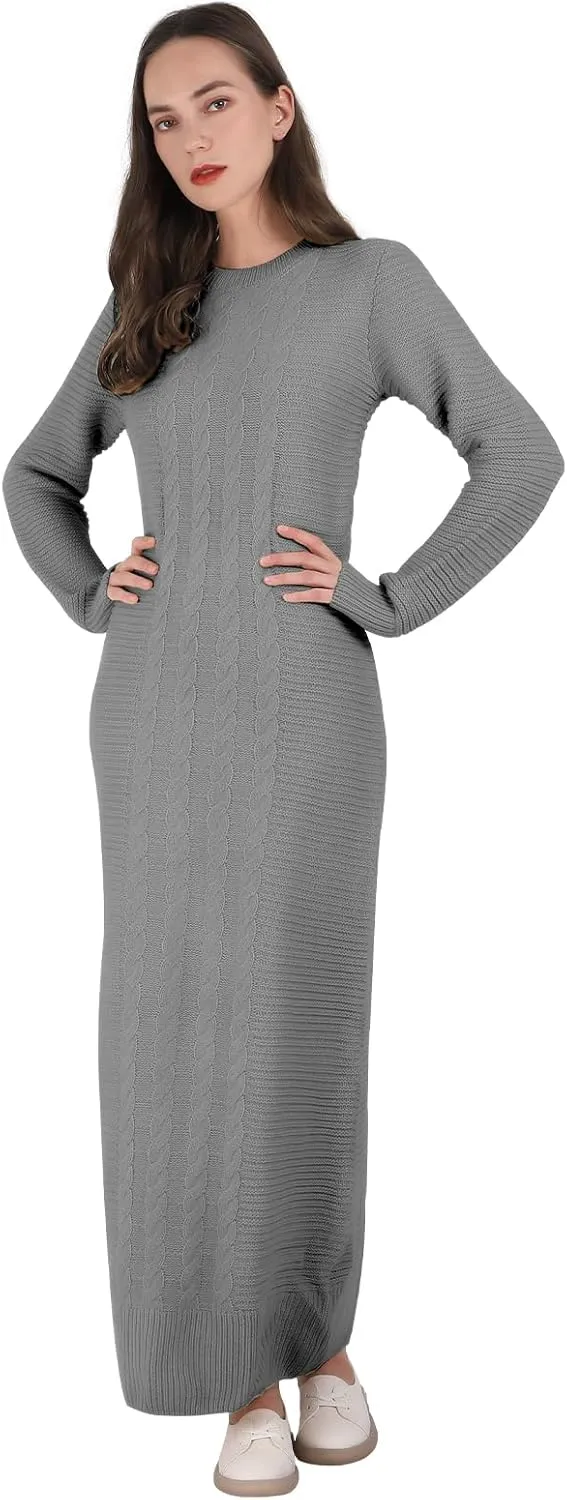 Women's Winter Warm Cable Knit Crewneck Long Sleeve Bodycon Maxi Fall Sweater Dresses