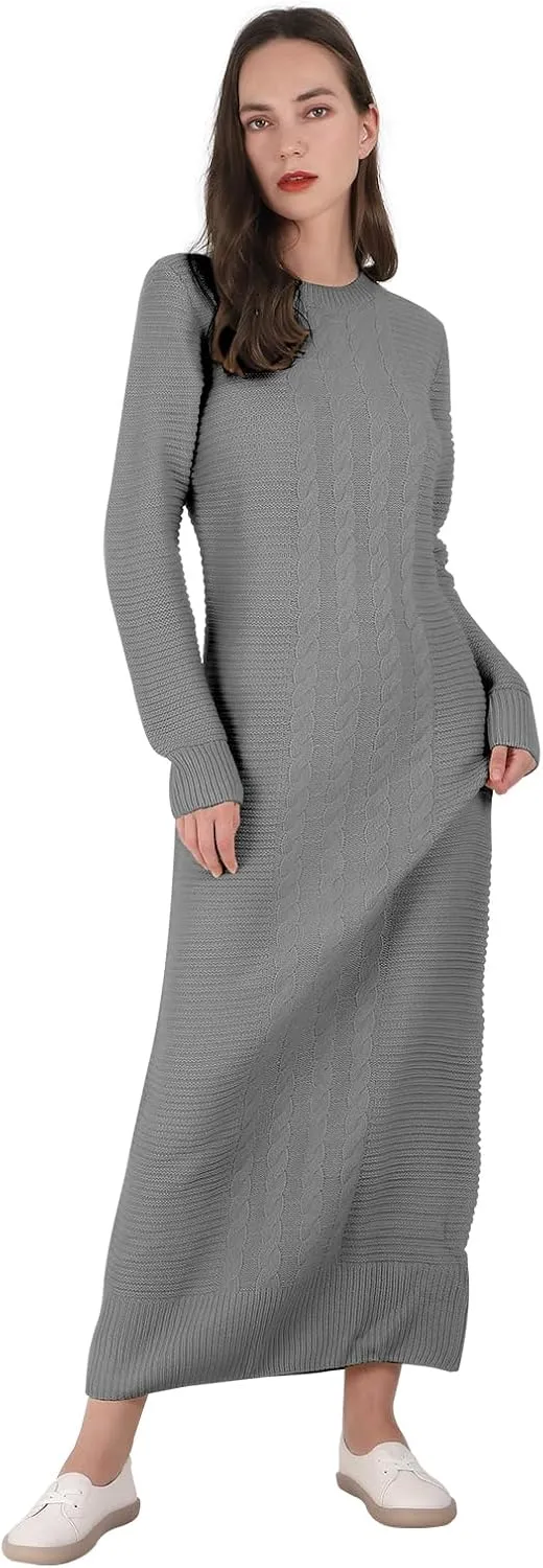 Women's Winter Warm Cable Knit Crewneck Long Sleeve Bodycon Maxi Fall Sweater Dresses
