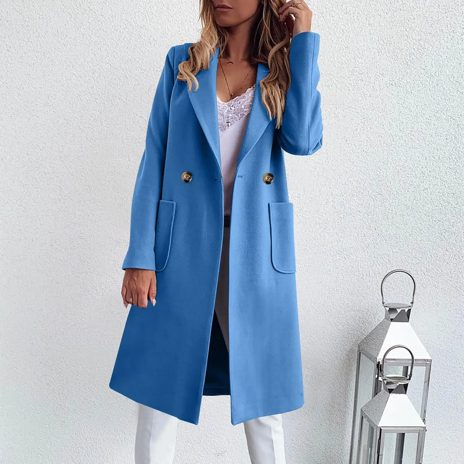 Wool Trench Coat for Women Double Breasted Notched Lapel Peacoat Mid-Long Winter Jackets Overcoats with Pockets