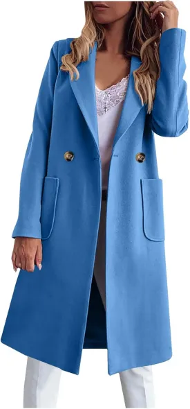 Wool Trench Coat for Women Double Breasted Notched Lapel Peacoat Mid-Long Winter Jackets Overcoats with Pockets