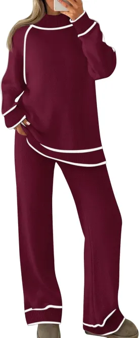 ZESICA Women's Two Piece Outfits Sweater Sets Long Sleeve Turtleneck Pullover Tops Wide Leg Pants Lounge Sets